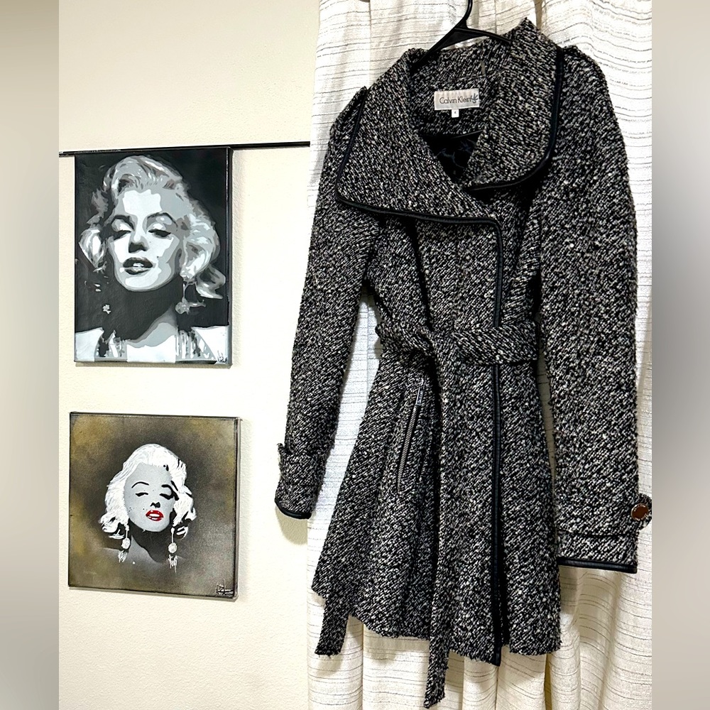 Calvin Klein Black & White Tweed Wool Blend Coat